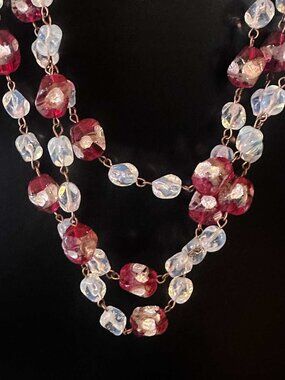 Vintage 1950s Venetian Red and White Murano Foil Glass 3-Strand Beaded Necklace